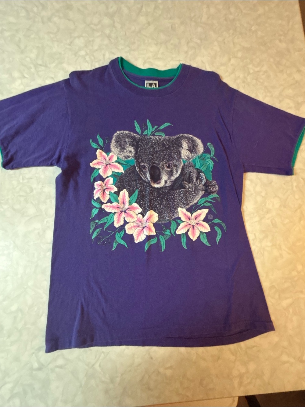 Vintage 90s LA Sportswear Koala Floral T Shirt Purple Teal Double Layer Collar M
